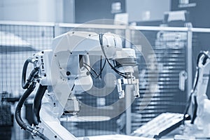 The high technology material handling process by robotic system in the light blue scene