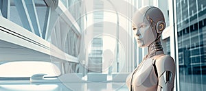 high technology woman robot in futuristic city background. Concept of artificial intelligence AI technology