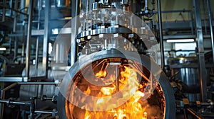 A high temperature gasification reactor with flames and heat radiating from the top in the process of breaking down