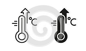 High Temperature Scale Line and Silhouette Icon Set. Flu, Cold, Virus, Fever Symptoms Symbol Collection. Thermometer