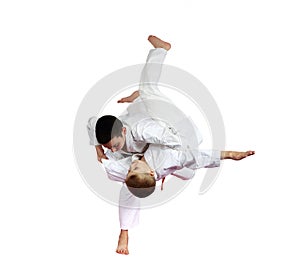 High throw judo are doing athletes on a white background isolated photo