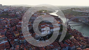 High top view Porto and ancient Ribeira cathedral