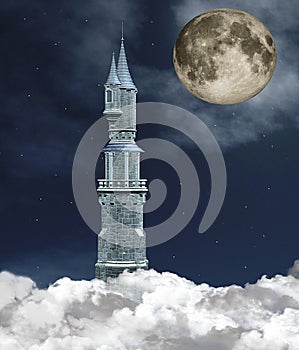 High tower over the clouds in a full moon night