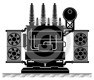 The high-transformatorel. Black and white illustration. Risk of electric shock. electricity supply.