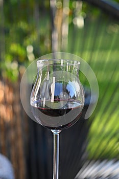 Glass of red wine with abstract blurred green background.