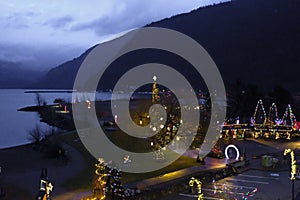 High up view of Harrison Hot Springs Lights on the lake winter light festival