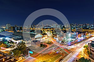 High view of city with traffic car in sunrise time