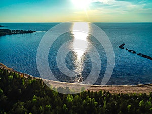 High view of the Gulf of Finland, forest and Islands at sunset