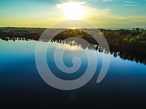 High view of the Gulf of Finland, forest and Islands at sunset