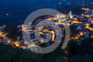 High view of the small town of Zaruma at nightime