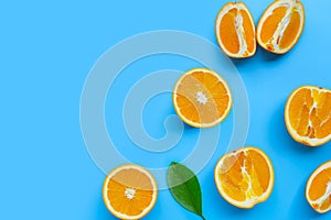 High vitamin C, Juicy and sweet. Fresh orange fruit  on blue background