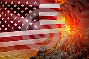 high volcano blast eruption at night with explosion on USA flag background, troubles because of natural disaster and volcanic