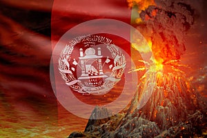 big volcano eruption at night with explosion on Afghanistan flag background, suffer from eruption and volcanic ash concept - 3D