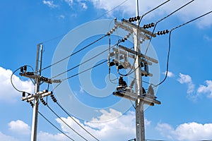 High voltage cables with electrical insulator and equipment on concrete electric pole
