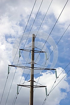 High Voltage Cables, Electricity Pylon, Vertical Cloudscape, Blue Sky, White Clouds