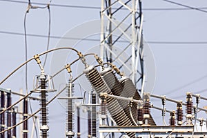 High voltage ceramic insulators on a transformer in Power Substation