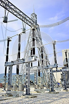 High voltage circuit breaker in electrical substation.Power station for power supply. Transformer.