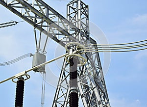 High voltage circuit breaker in electrical substation.Power station for power supply. Transformer.