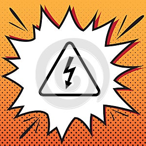 High voltage danger sign. Vector. Comics style icon on pop-art b