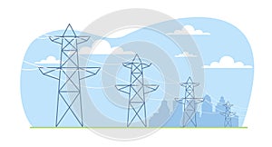 High voltage distribution grid supports transmit electrical power to city. Electric transmission. Industrial landscape