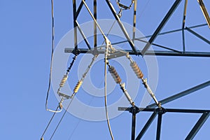 High-voltage electric pole. Close-up