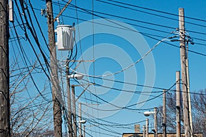 High Voltage Electric Pole with Fuse and Power Cable with bright blue sky