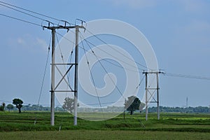 High voltage electric pole and transmission lines with clear blue sky. Electricity pylons