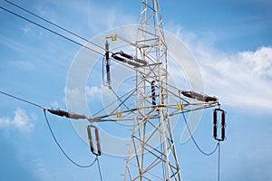 High voltage electric pole with wires. Line of electricity transmissions
