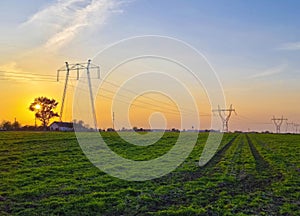 High voltage electric poles, rural landscape with power pylons in a row, at sunset