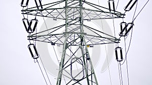 High Voltage Electric Power Grid Pole with Ceramic Insulators at Transformer Substation