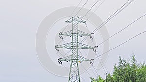 High Voltage Electric Power Grid Pole with Ceramic Insulators at Transformer Substation