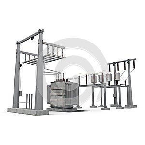 High voltage electric power substation on white. 3D illustration photo