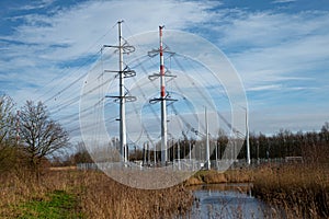 High voltage electric power supply facility station with power lines attached