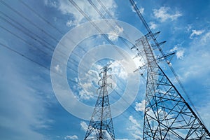 High voltage electric pylon and electrical wire against blue sky and white clouds. Bottom view of Electricity pylon with sunlight