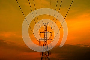 High voltage electric pylon with sunset sky.