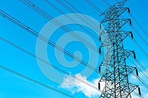 High voltage electric tower and transmission lines. Electricity pylons with blue sky and white clouds. Power and energy