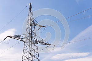 High voltage electric transmission pylon tower.Electricity concept Close up high voltage power lines station