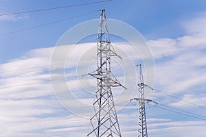 High voltage electric transmission pylon tower.Electricity concept Close up high voltage power lines station