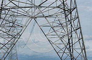 High voltage electric transmission tower. High voltage power lines against blue sky. Electricity pylon and electric power