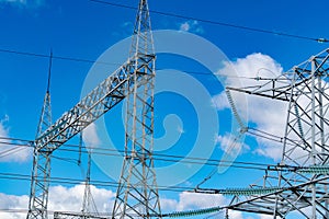 High voltage electrical construction. Power electricity transmission line.