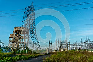 High voltage Electrical substation with steel frames, insulators and electricity transmission power lines and blue sky background