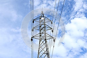 A high voltage electrical tower under the blue sky