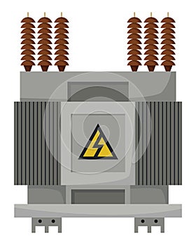 High voltage electrical transformer and isolator. Energy substation. Power supply icon isolated on white background for