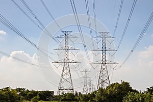 High voltage electricity cables,sky background