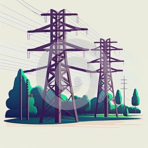 High voltage electricity distribution grid pylons. Flat vector illustration of utility electric transmission transformer network