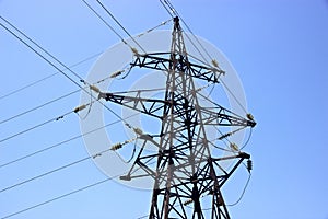 high voltage electricity power transmission metal tower with wires
