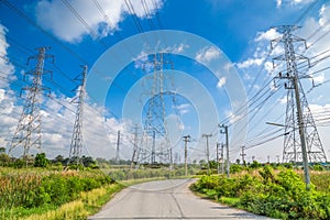 High voltage electricity pylon with blue sky background