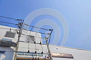 High voltage electricity pylon and ventilator on white wall