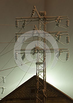 High-voltage electricity pylons and power lines at Night sky