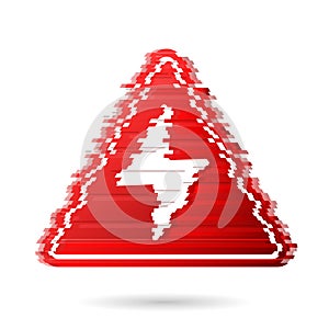 High voltage icon with noise effect or digital glitch. Bolt warning triangular red sign. High voltage symbol isolated on white